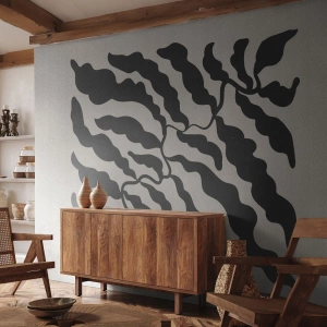 Papier Peint Photo Premium Sand - Un motif végétal avec des feuilles noires sur un fond clair - 100x70cm - La nature du carré - Décoration murale moderne pour le salon et la chambre ARTTOR