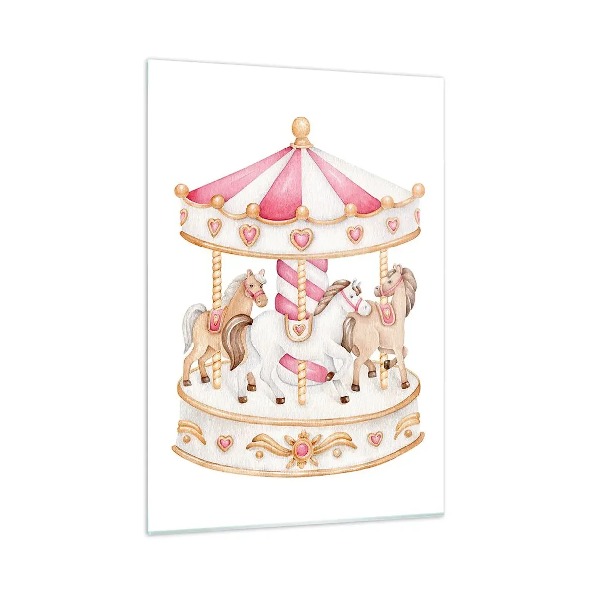 Impression sur verre - Image sur verre - Un carrousel rose avec des chevaux de style enfantin sur fond blanc - 50x70cm - Le doux monde de l'enfance - Décoration murale moderne pour le salon et la chambre ARTTOR