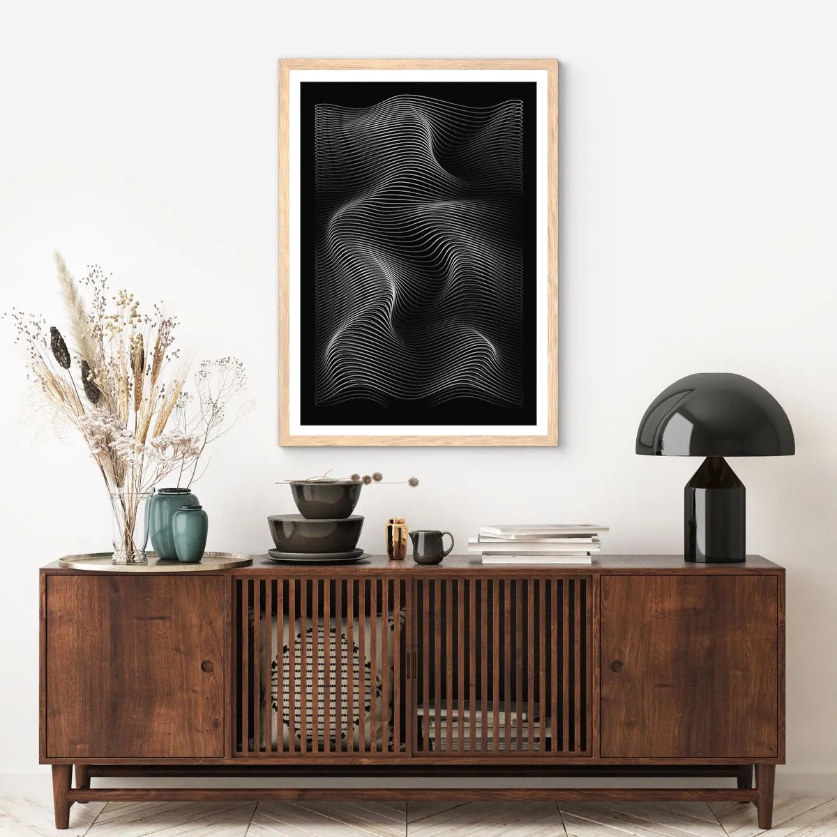 Affiche dans un chêne clair - Poster - Danse de lumière dans l'espace - 70x100 cm