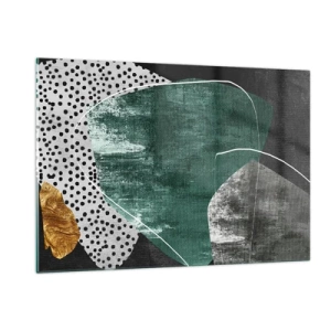 Impression sur verre - Image sur verre - Formes vertes avec un fond noir et une touche dorée - 120x80cm - Abstraction colorée avec feuille d'or - Décoration murale moderne pour le salon et la chambre ARTTOR