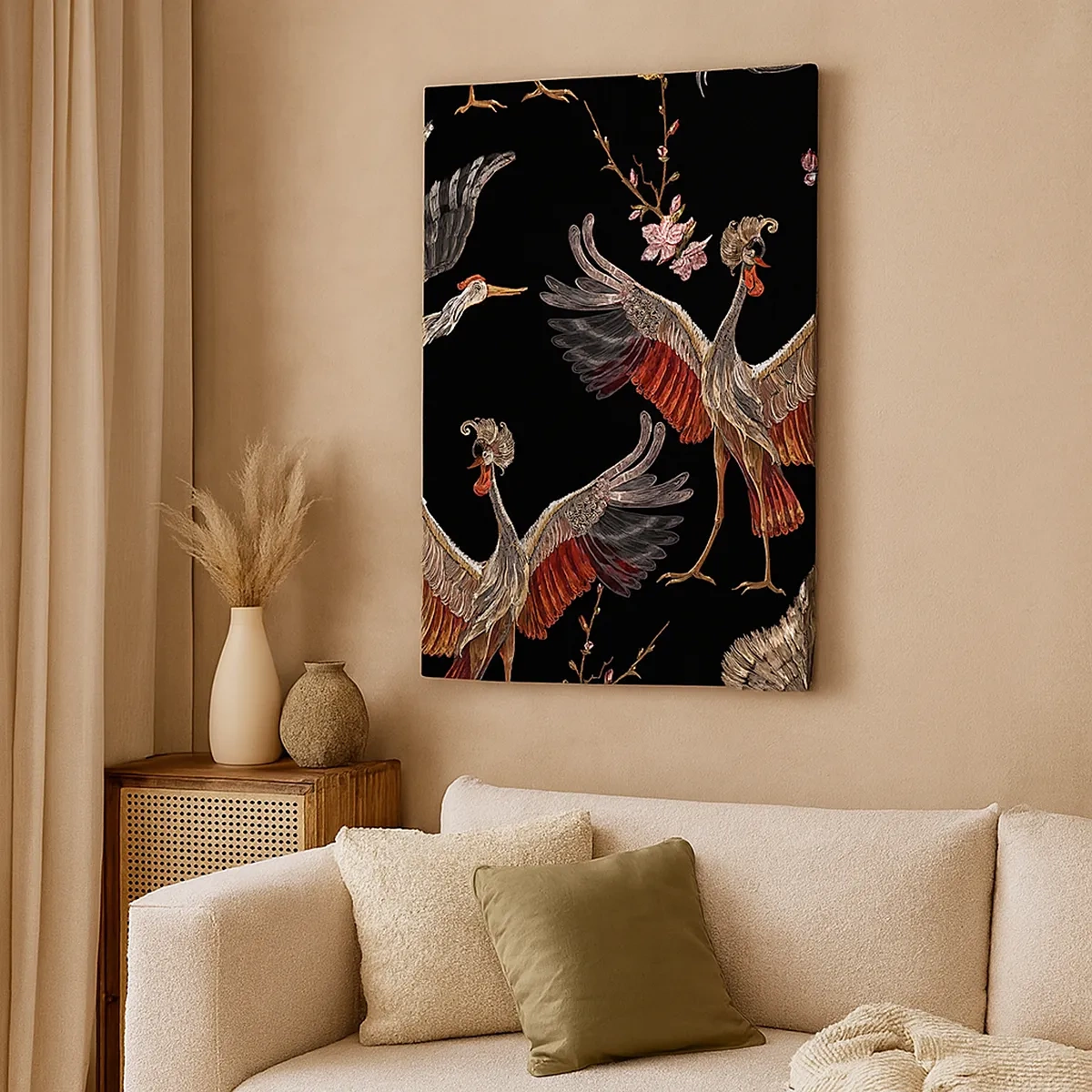 Impression sur toile - Image sur toile - Grues et fleurs élégantes sur fond noir - 50x70cm - Un oiseau de conte de fées - Décoration murale moderne pour le salon et la chambre ARTTOR