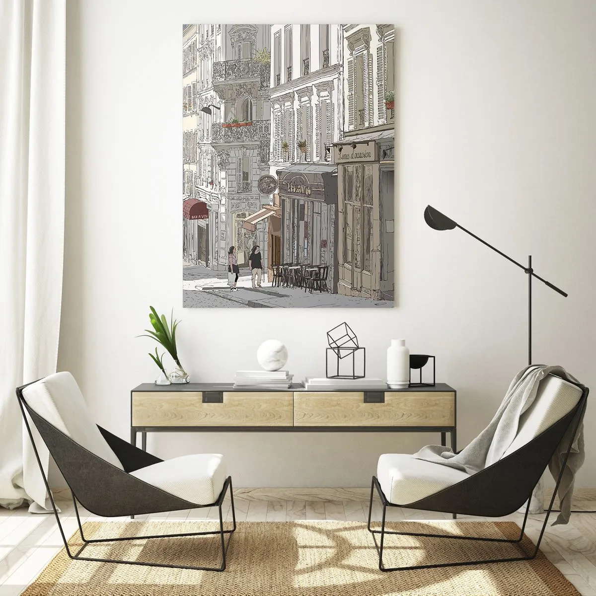 Impression sur verre - Image sur verre - Illustration d'une rue de la ville avec des cafés et des magasins - 80x120cm - Joie de la ville - Décoration murale moderne pour le salon et la chambre ARTTOR