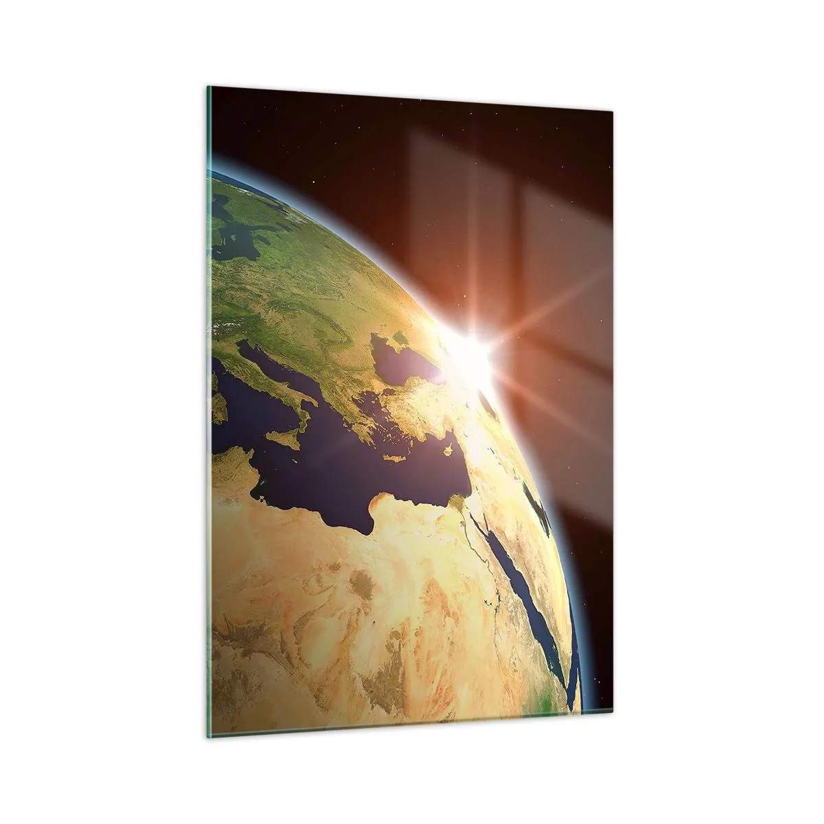 Impression sur verre - Image sur verre - La Terre illuminée par le soleil levant depuis l'espace - 50x70cm - Lever de soleil - Décoration murale moderne pour le salon et la chambre ARTTOR