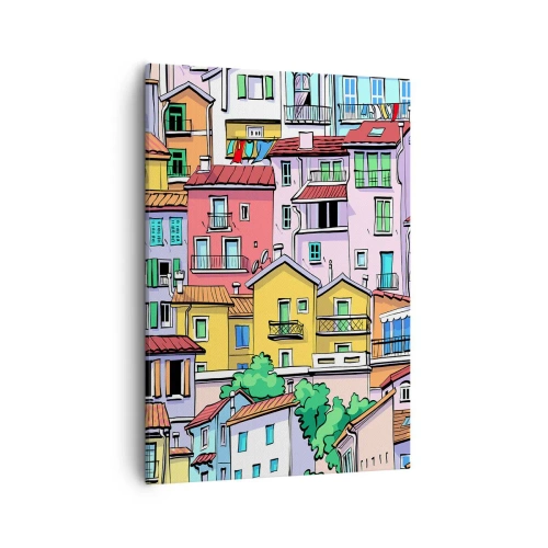 Impression sur toile - Image sur toile - Des immeubles colorés au style vivant et joyeux - 50x70cm - Ville joyeuse - Décoration murale moderne pour le salon et la chambre ARTTOR