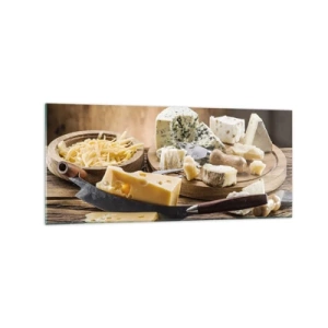 Impression sur verre - Image sur verre - Un plateau de fromages avec différents types sur une table en bois - 120x50cm - Sourire au fromage - Décoration murale moderne pour le salon et la chambre ARTTOR