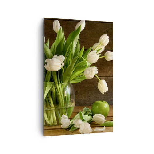 Impression sur toile - Image sur toile - Un bouquet de tulipes blanches dans un vase en verre avec des pommes vertes - 80x120cm - Juteux et frais en vert et blanc - Décoration murale moderne pour le salon et la chambre ARTTOR