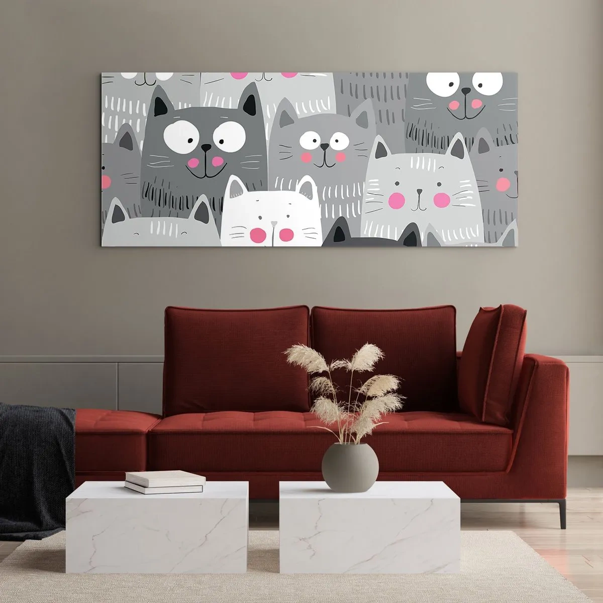 Impression sur verre - Image sur verre - Un motif amusant avec des chats dans des tons de gris - 120x50cm - Le monde des chats - Décoration murale moderne pour le salon et la chambre ARTTOR