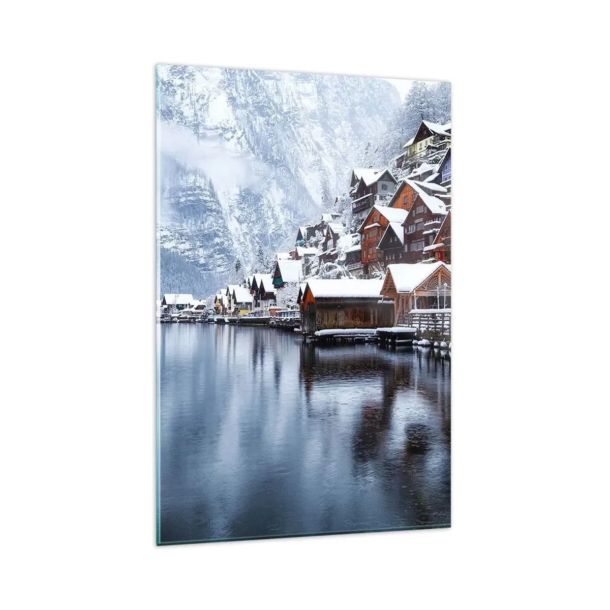 Impression sur verre - Image sur verre - Vue hivernale d'un village de montagne au bord du lac - 80x120cm - En décoration hivernale - Décoration murale moderne pour le salon et la chambre ARTTOR