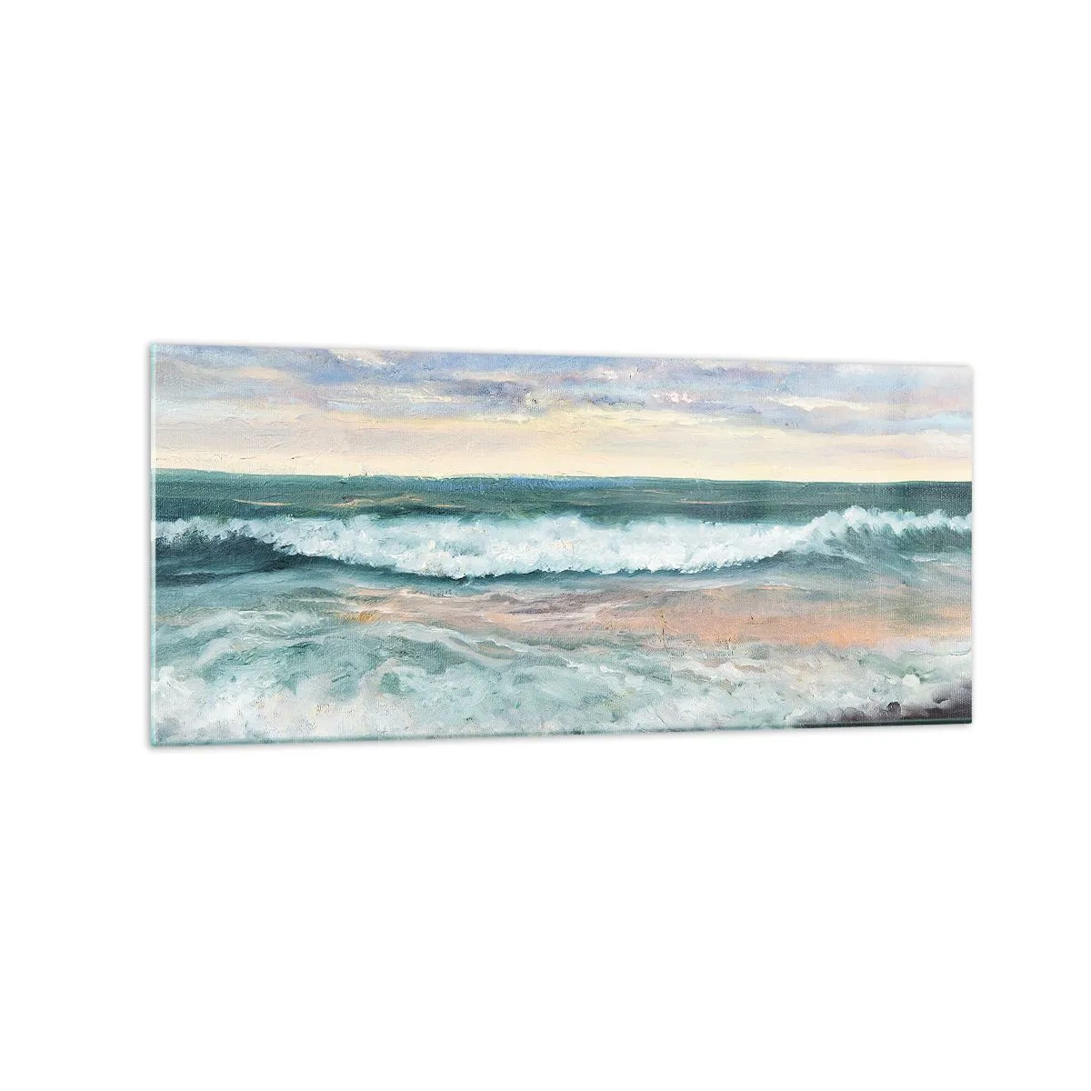 Impression sur verre - Image sur verre - Vagues de la mer contre un ciel nuageux au coucher du soleil - 120x50cm - Ici tu adouciras ton âme - Décoration murale moderne pour le salon et la chambre ARTTOR