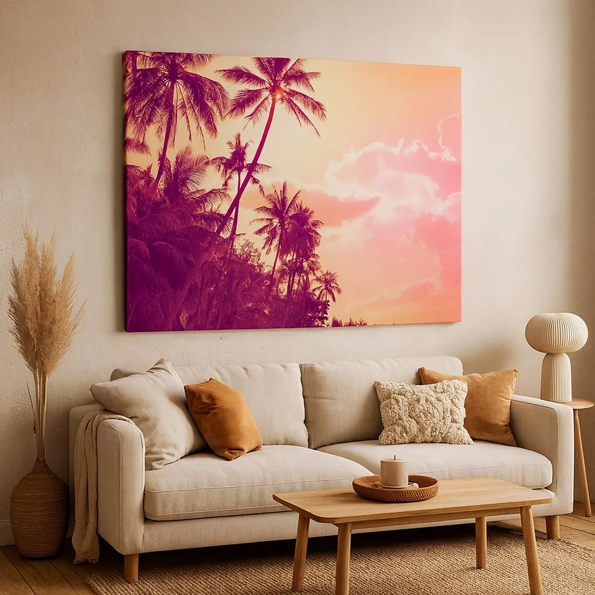 Impression sur toile - Image sur toile - Palmiers illuminés par le soleil couchant dans un ciel tropical - 70x50cm - Tu dois choisir - Décoration murale moderne pour le salon et la chambre ARTTOR