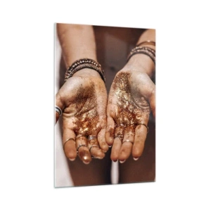 Impression sur verre - Image sur verre - Gros plan des mains avec des paillettes dans des tons chauds - 70x100cm - Un don pour vous - Décoration murale moderne pour le salon et la chambre ARTTOR