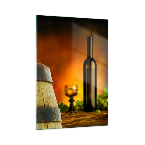 Impression sur verre - Image sur verre - Raisins sur un tonneau dans un cadre rustique avec du vin en arrière-plan - 50x70cm - Nature morte avec une bouteille de vin et une grappe de raisin - Décoration murale moderne pour le salon et la chambre ARTTOR
