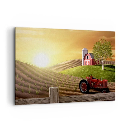 Impression sur toile - Image sur toile - Paysage rural avec une grange rouge, un tracteur et un lever de soleil - 120x80cm - Une ferme comme dans un conte de fées - Décoration murale moderne pour le salon et la chambre ARTTOR