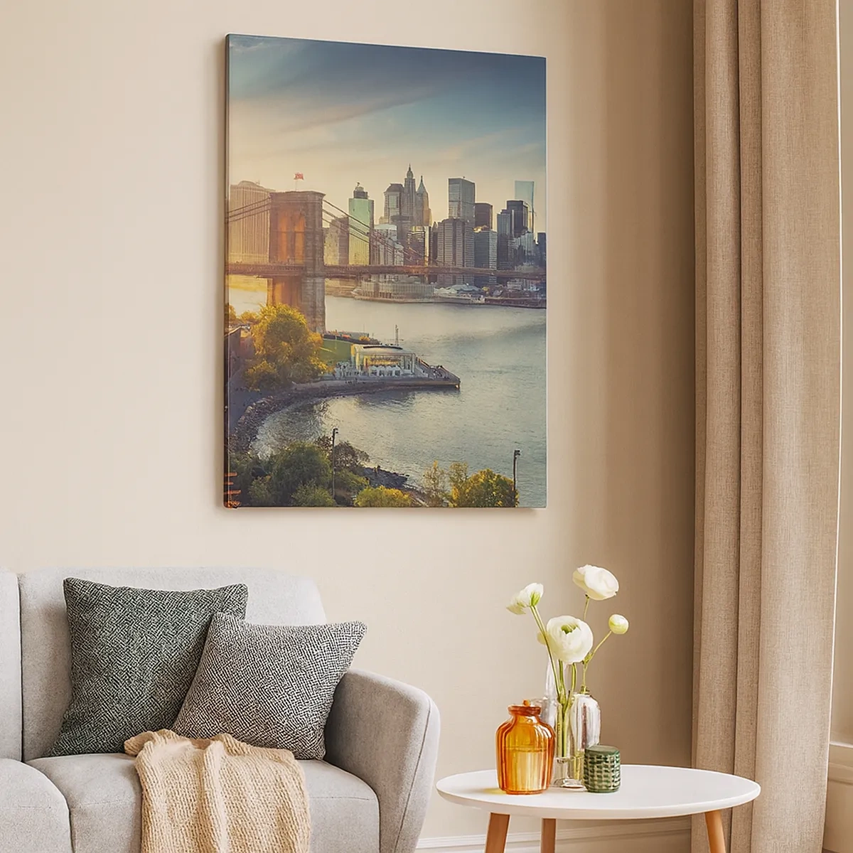 Impression sur toile - Image sur toile - Panorama de la ville avec le pont au coucher du soleil - 50x70cm - L'aube de la grande ville - Décoration murale moderne pour le salon et la chambre ARTTOR