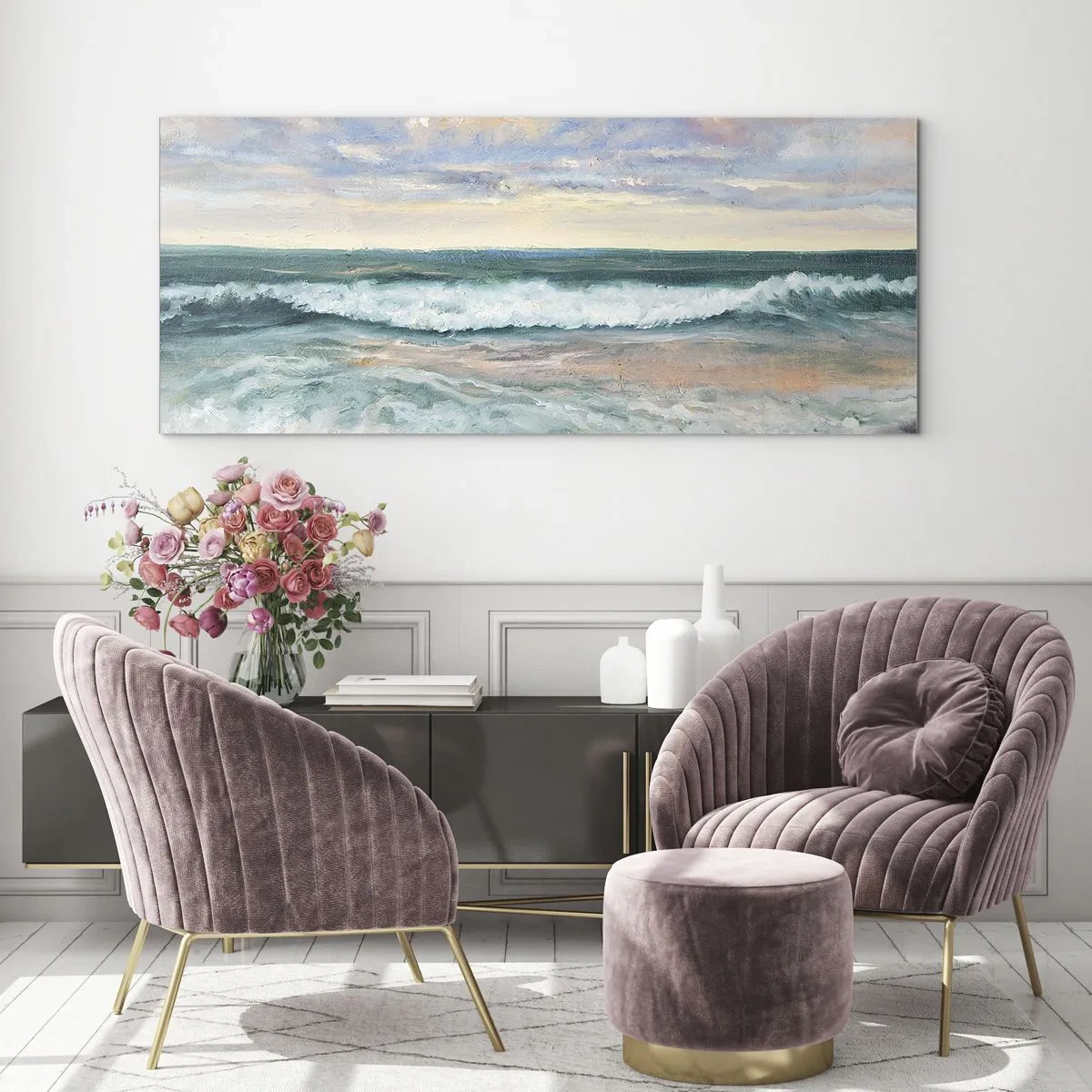 Impression sur verre - Image sur verre - Vagues de la mer contre un ciel nuageux au coucher du soleil - 160x50cm - Ici tu adouciras ton âme - Décoration murale moderne pour le salon et la chambre ARTTOR
