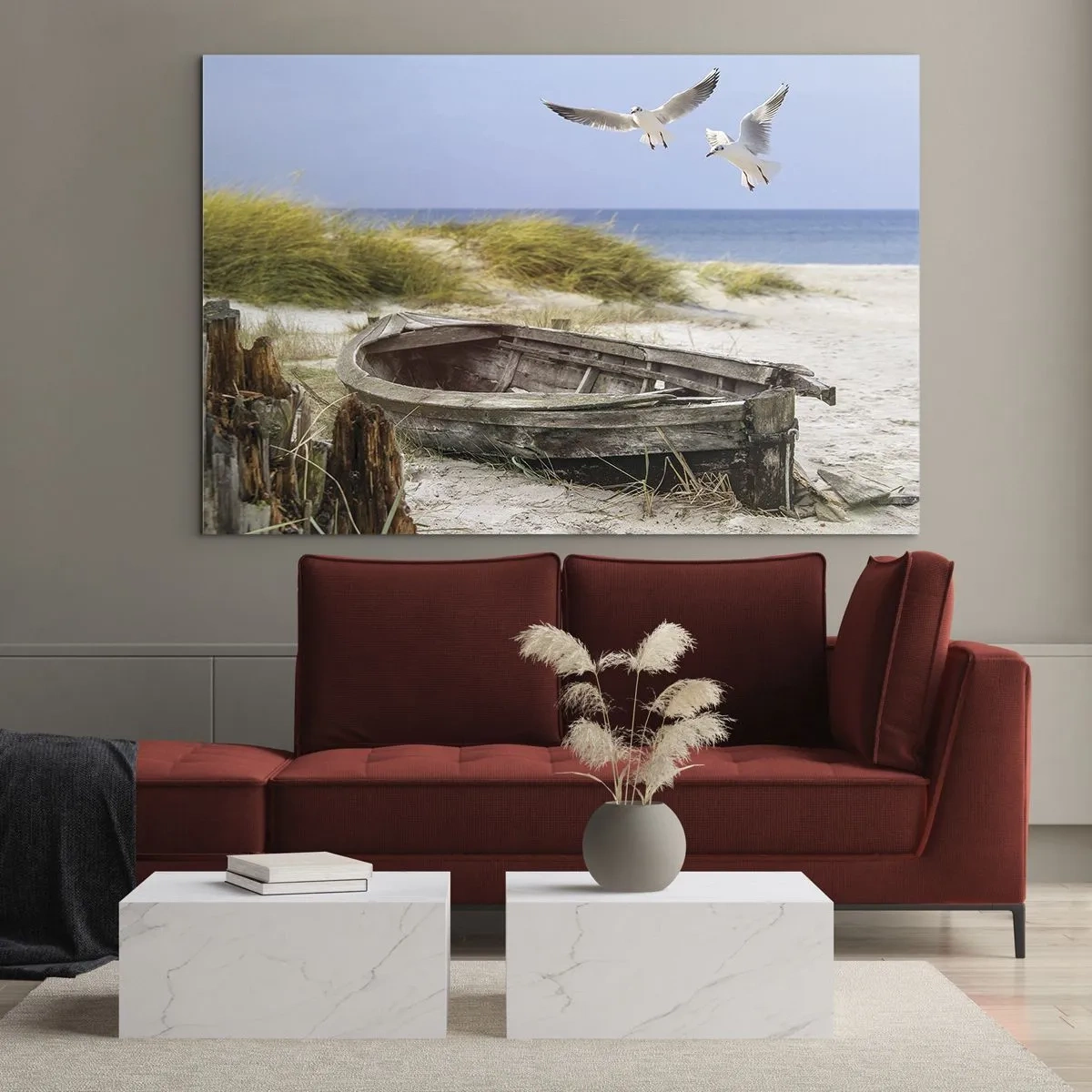 Impression sur verre - Image sur verre - Bateau en bois sur la plage avec des mouettes en vol - 120x80cm - Bain de vent - Décoration murale moderne pour le salon et la chambre ARTTOR