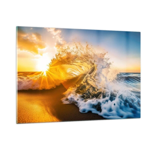 Impression sur verre - Image sur verre - Une vague s'écrasant contre le rivage, illuminée par les rayons du soleil couchant - 120x80cm - S'amuser dans le sable - Décoration murale moderne pour le salon et la chambre ARTTOR