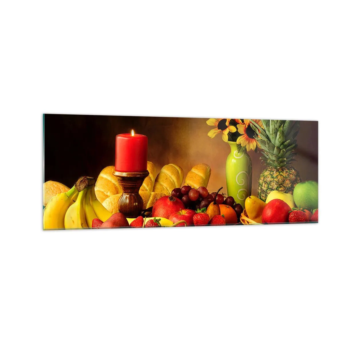 Impression sur verre - Image sur verre - Nature morte avec fruits, pain, bougie et fleurs - 140x50cm - Nature morte de pain et de fruits - Décoration murale moderne pour le salon et la chambre ARTTOR