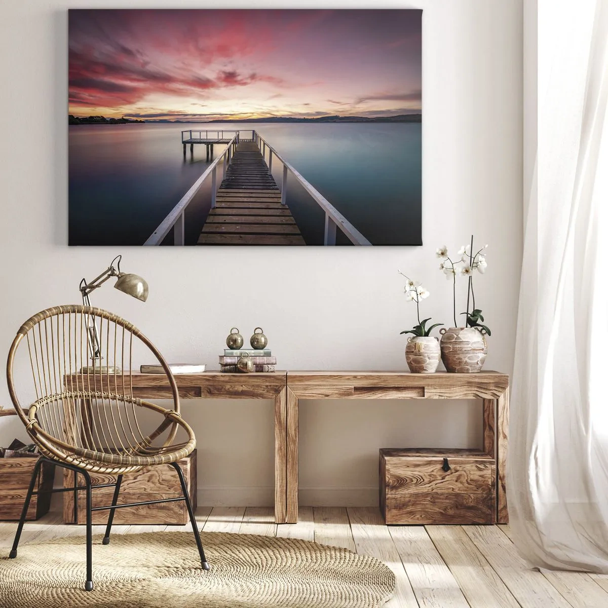 Impression sur toile - Image sur toile - Une jetée menant à un lac tranquille au coucher du soleil - 120x80cm - La douce flamme du soir - Décoration murale moderne pour le salon et la chambre ARTTOR