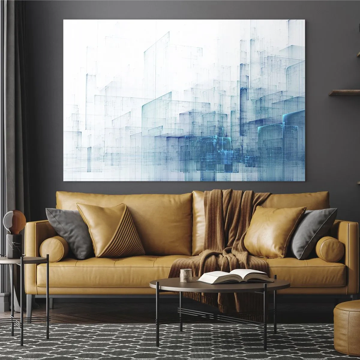 Impression sur verre - Image sur verre - Composition géométrique abstraite dans les tons de bleu - 70x50cm - Comment l’espace s’est formé - Décoration murale moderne pour le salon et la chambre ARTTOR