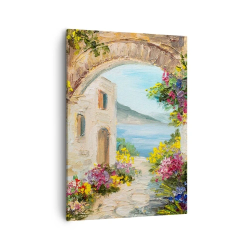 Impression sur toile - Image sur toile - Paysage de bord de mer avec des bâtiments en pierre et des fleurs - 50x70cm - Le charme d'une province côtière - Décoration murale moderne pour le salon et la chambre ARTTOR