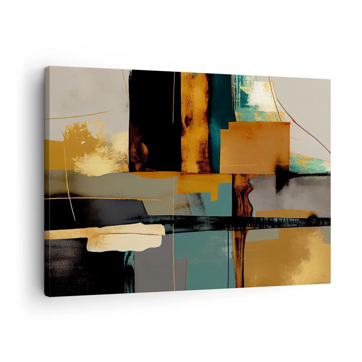 Impression sur toile - Image sur toile - Composition abstraite avec des éléments dorés et turquoise - 70x50cm - Abstraction – lumière et ombre - Décoration murale moderne pour le salon et la chambre ARTTOR