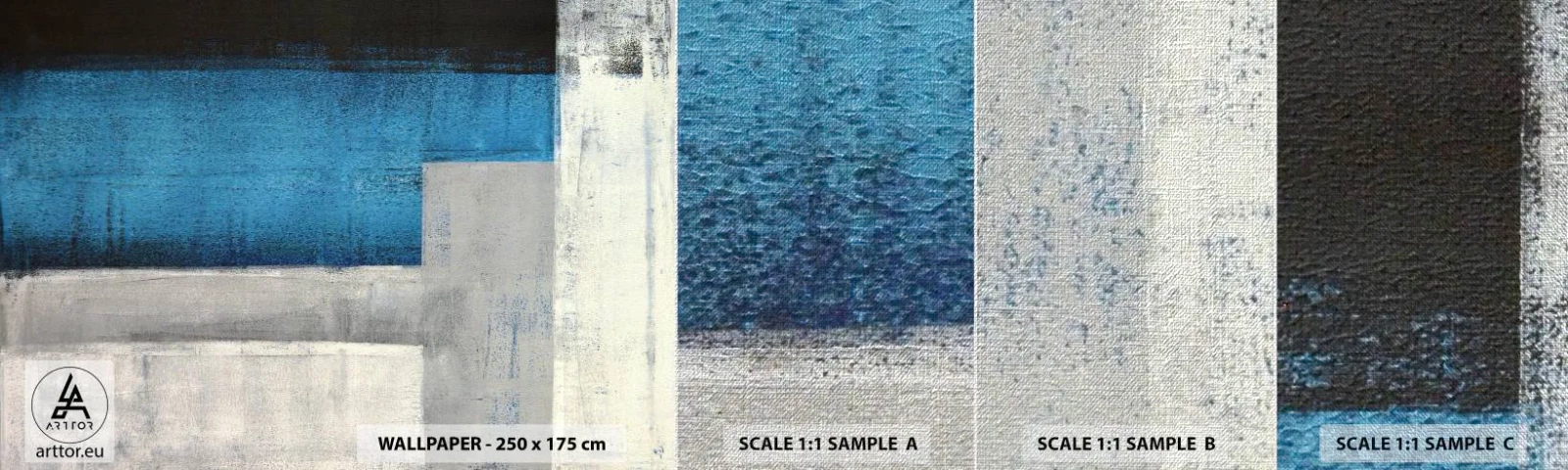 Échantillon de Papier Peint Premium Canvas - Une composition poétique de gris et de bleu - Abstraction, Morceau, Peinture - 100x30 cm