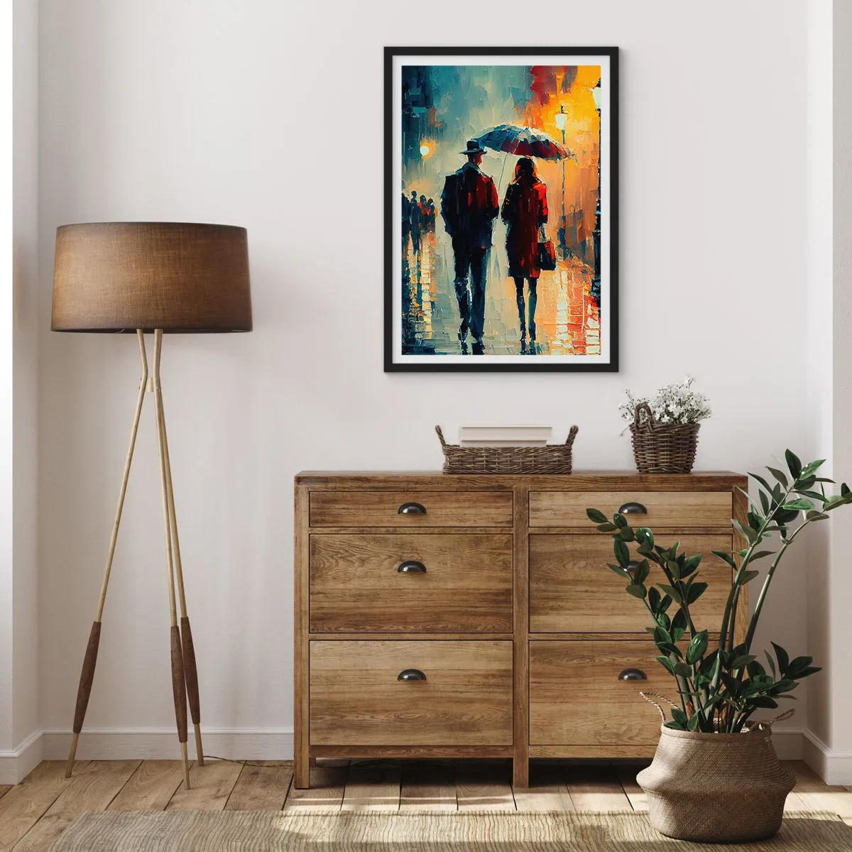 Affiche dans un cadre noir - Poster - Couple romantique sous un parapluie sous la pluie - 50x70cm - Histoire d'amour urbaine - Décoration murale moderne pour le salon et la chambre ARTTOR