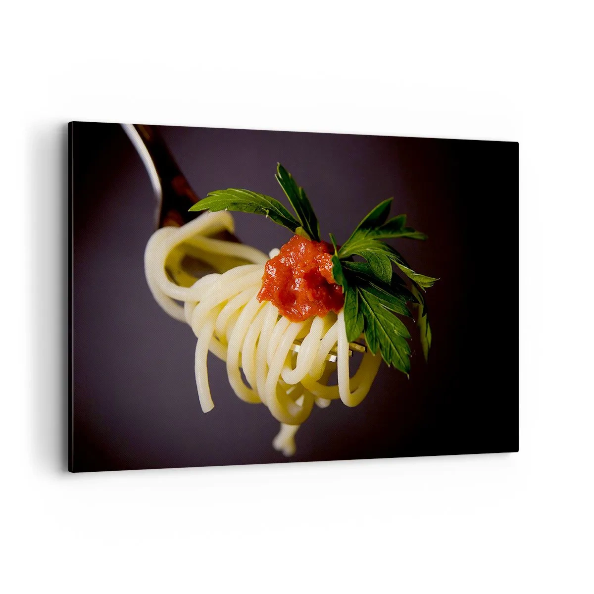 Impression sur toile - Image sur toile - Spaghettis à la fourchette avec sauce tomate et persil - 120x80cm - Une bouchée savoureuse - Décoration murale moderne pour le salon et la chambre ARTTOR