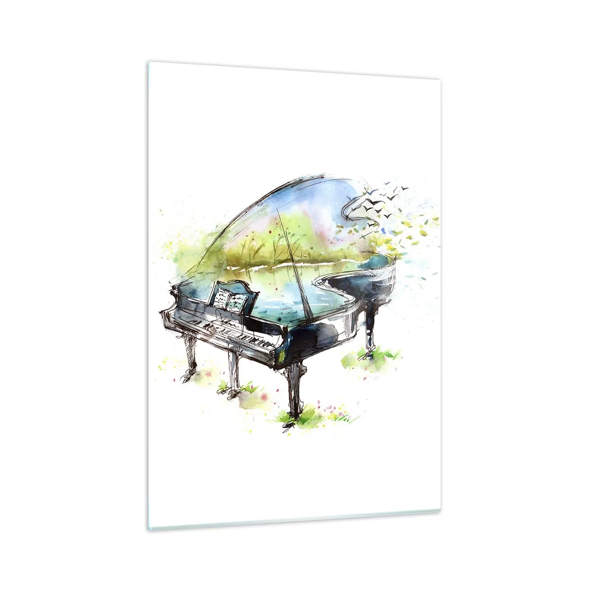 Impression sur verre - Image sur verre - Aquarelle d'un piano entouré de nature - 50x70cm - Enchanté en musique - Décoration murale moderne pour le salon et la chambre ARTTOR