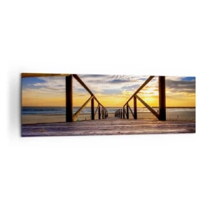 Impression sur toile - Image sur toile - Jetée en bois menant à la plage au coucher du soleil - 160x50cm - Directement sur une plage calme au coucher de soleil - Décoration murale moderne pour le salon et la chambre ARTTOR