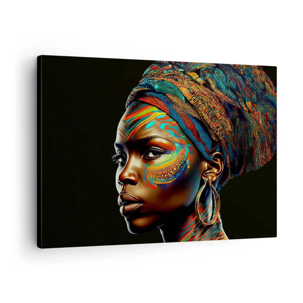 Impression sur toile - Image sur toile - Portrait d'une femme avec un motif coloré et un turban - 70x50cm - reine africaine - Décoration murale moderne pour le salon et la chambre ARTTOR