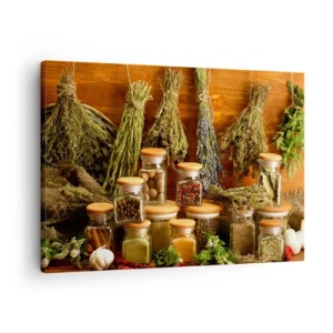 Impression sur toile - Image sur toile - Herbes et épices en pots sur fond rustique - 70x50cm - Sortilèges de cuisine - Décoration murale moderne pour le salon et la chambre ARTTOR