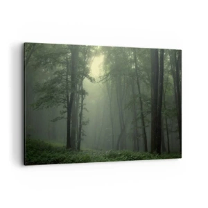 Impression sur toile - Image sur toile - Une forêt verte le matin enveloppée d'un brouillard délicat - 120x80cm - Avant qu'il ne se réveille - Décoration murale moderne pour le salon et la chambre ARTTOR