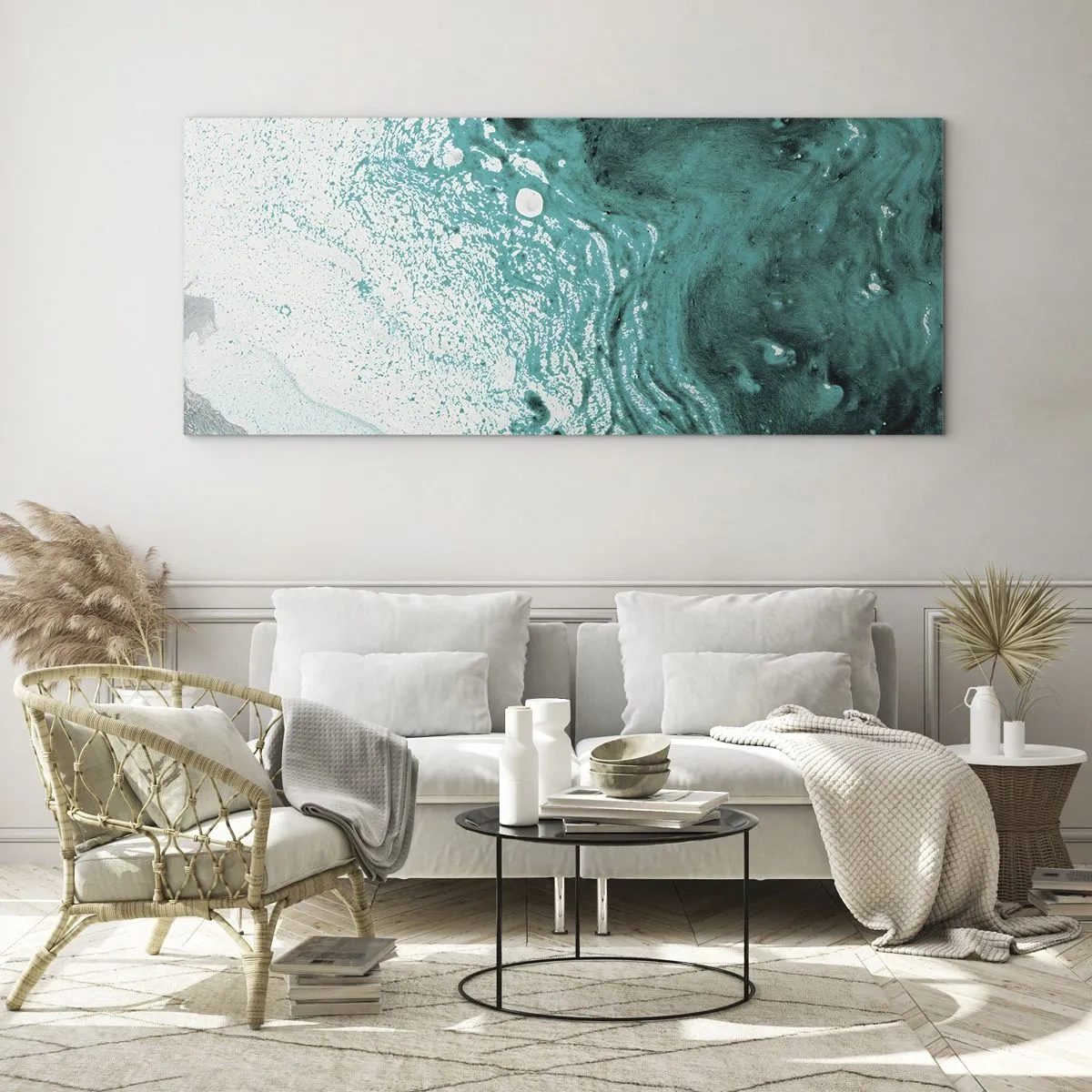 Impression sur verre - Image sur verre - Composition abstraite dans des tons turquoise sur fond blanc - 120x50cm - Se fondre dans le bleu et le turquoise - Décoration murale moderne pour le salon et la chambre ARTTOR