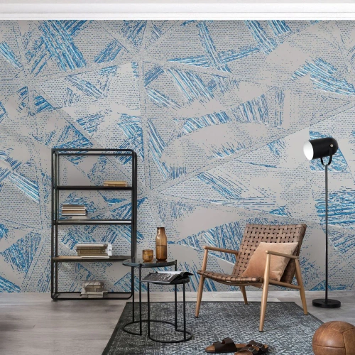Papier peint sur mesure Autocollant Deluxe - Dans un labyrinthe bleu-gris - Gribouillis, Brillant, Chaos