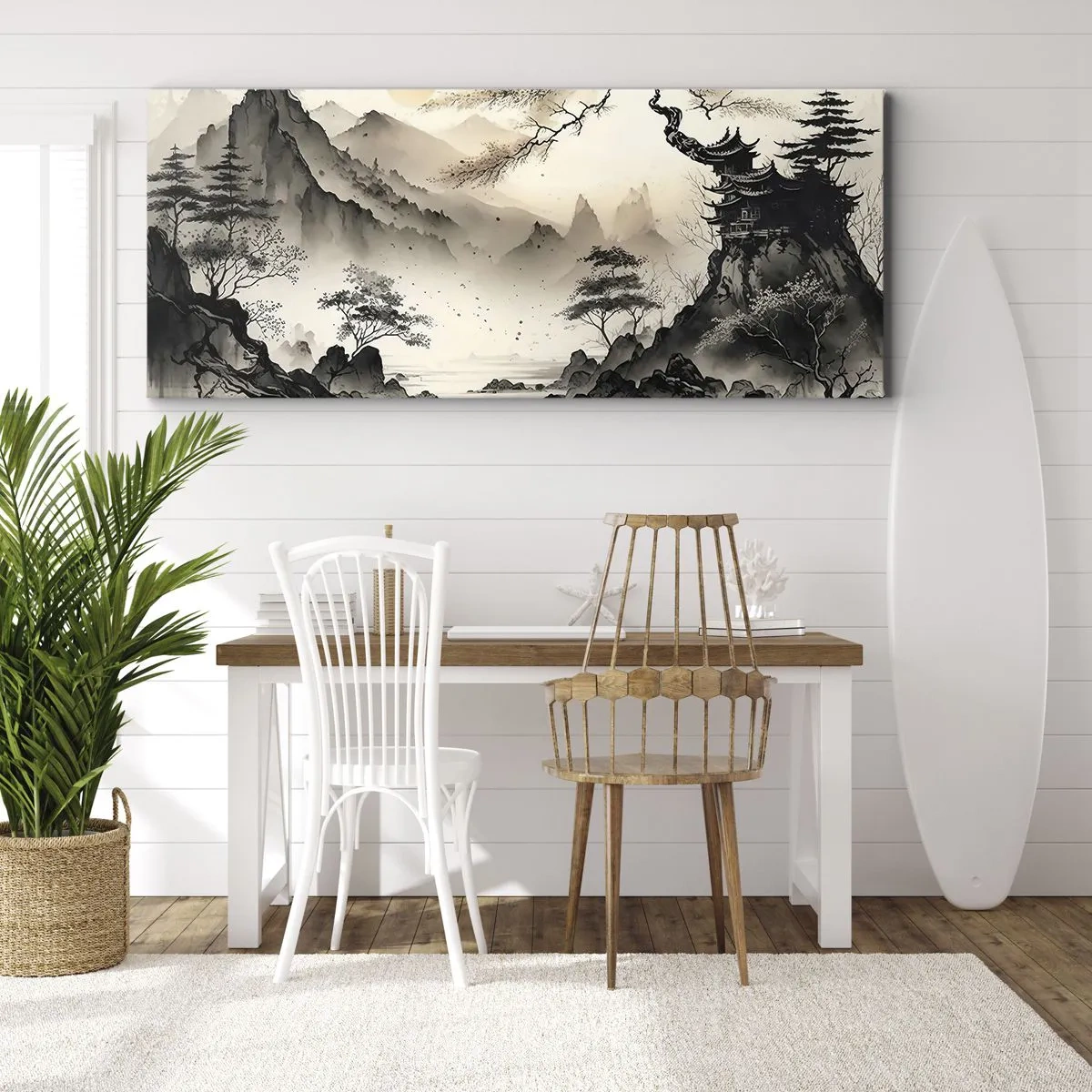 Impression sur toile - Image sur toile - Un paysage oriental avec des montagnes et une pagode aux nuances délicates. - 120x50cm - Le charme unique de l'Orient - Décoration murale moderne pour le salon et la chambre ARTTOR