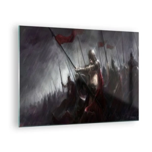 Impression sur verre - Image sur verre - Chevaliers sous la pluie sur le champ de bataille en tenue complète - 70x50cm - Passant, dis à Sparte… - Décoration murale moderne pour le salon et la chambre ARTTOR