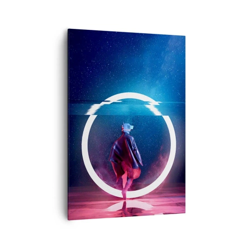 Impression sur toile - Image sur toile - Un personnage dans un environnement futuriste avec un cercle de néon - 70x100cm - Entre deux mondes - Décoration murale moderne pour le salon et la chambre ARTTOR