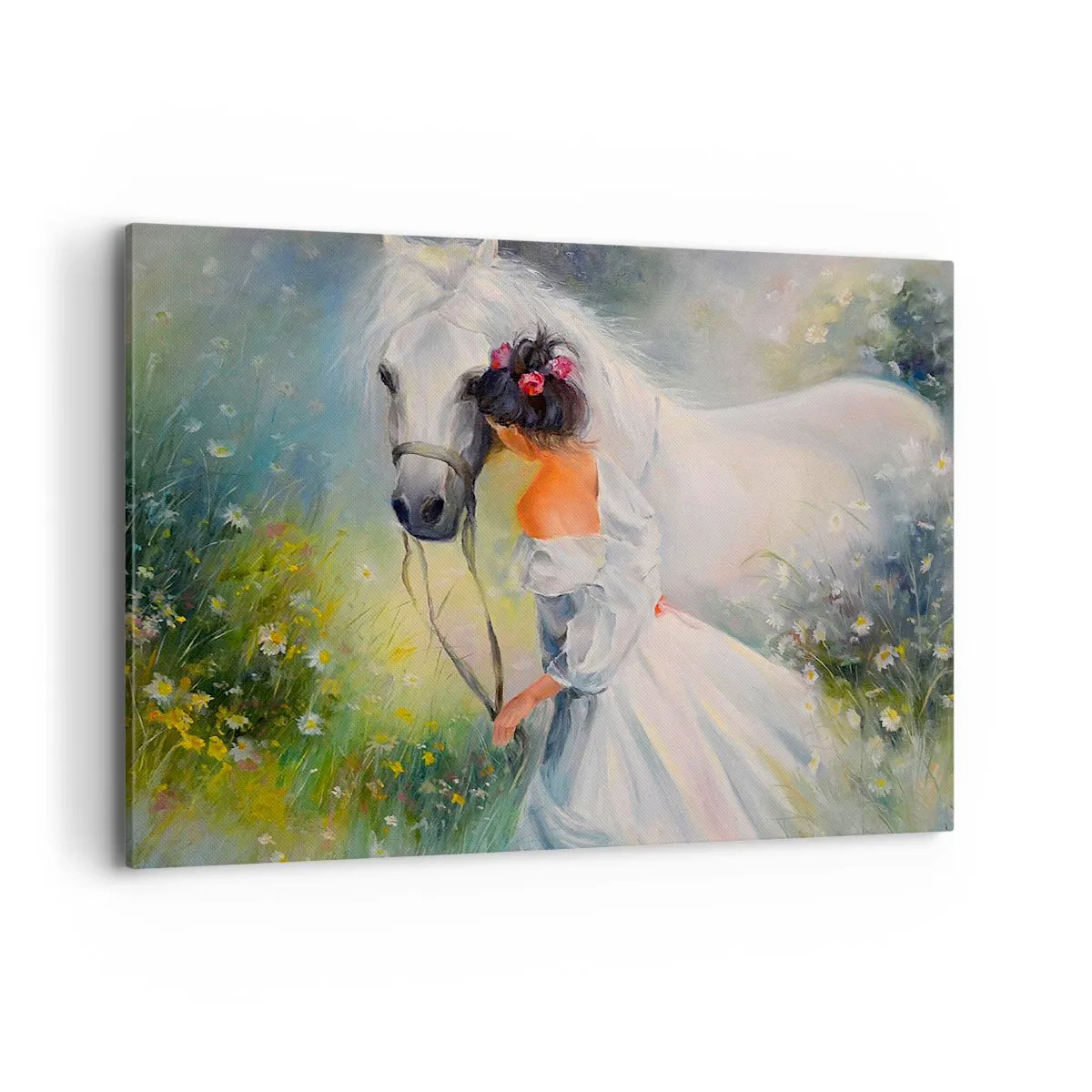 Impression sur toile - Image sur toile - Une femme avec un cheval blanc dans un cadre pittoresque - 100x70cm - Comme dans un beau rêve - Décoration murale moderne pour le salon et la chambre ARTTOR