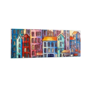Impression sur verre - Image sur verre - Maisons colorées au bord de l'eau dans un style artistique - 140x50cm - Une ville comme dans un conte de fées - Décoration murale moderne pour le salon et la chambre ARTTOR