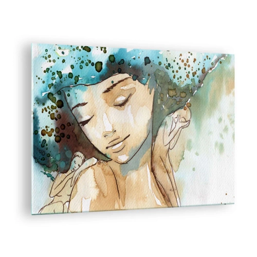 Impression sur verre - Image sur verre - Portrait à l'aquarelle d'une femme aux yeux fermés - 70x50cm - Lady in blue - Décoration murale moderne pour le salon et la chambre ARTTOR
