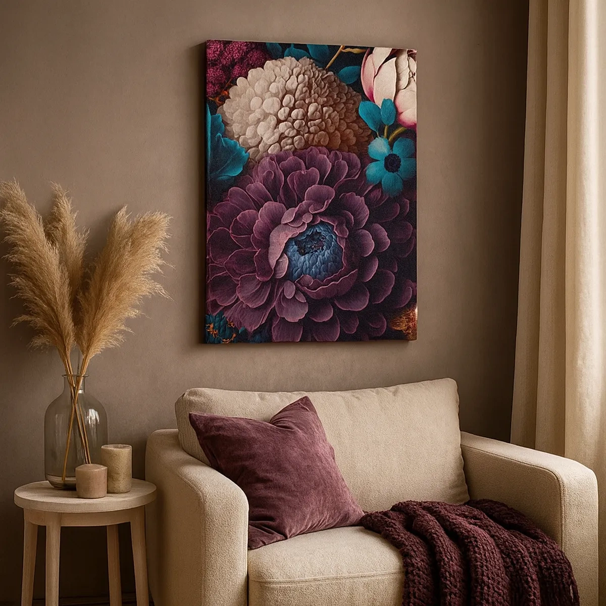 Impression sur toile - Image sur toile - Un bouquet de fleurs aux couleurs intenses sur fond sombre - 50x70cm - La nature en abondance - Décoration murale moderne pour le salon et la chambre ARTTOR