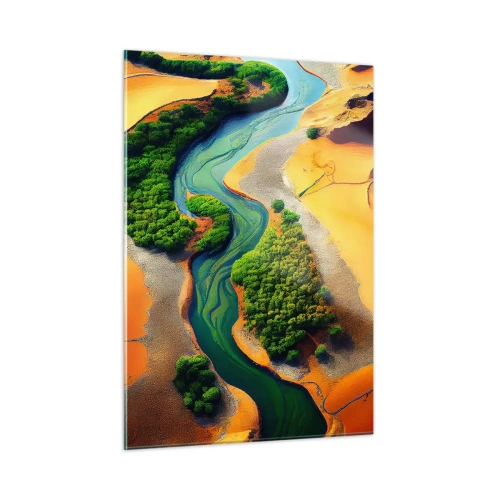 Impression sur verre - Image sur verre - Des oasis vertes et une rivière parmi des dunes oranges - 50x70cm - Rivière vivifiante - Décoration murale moderne pour le salon et la chambre ARTTOR