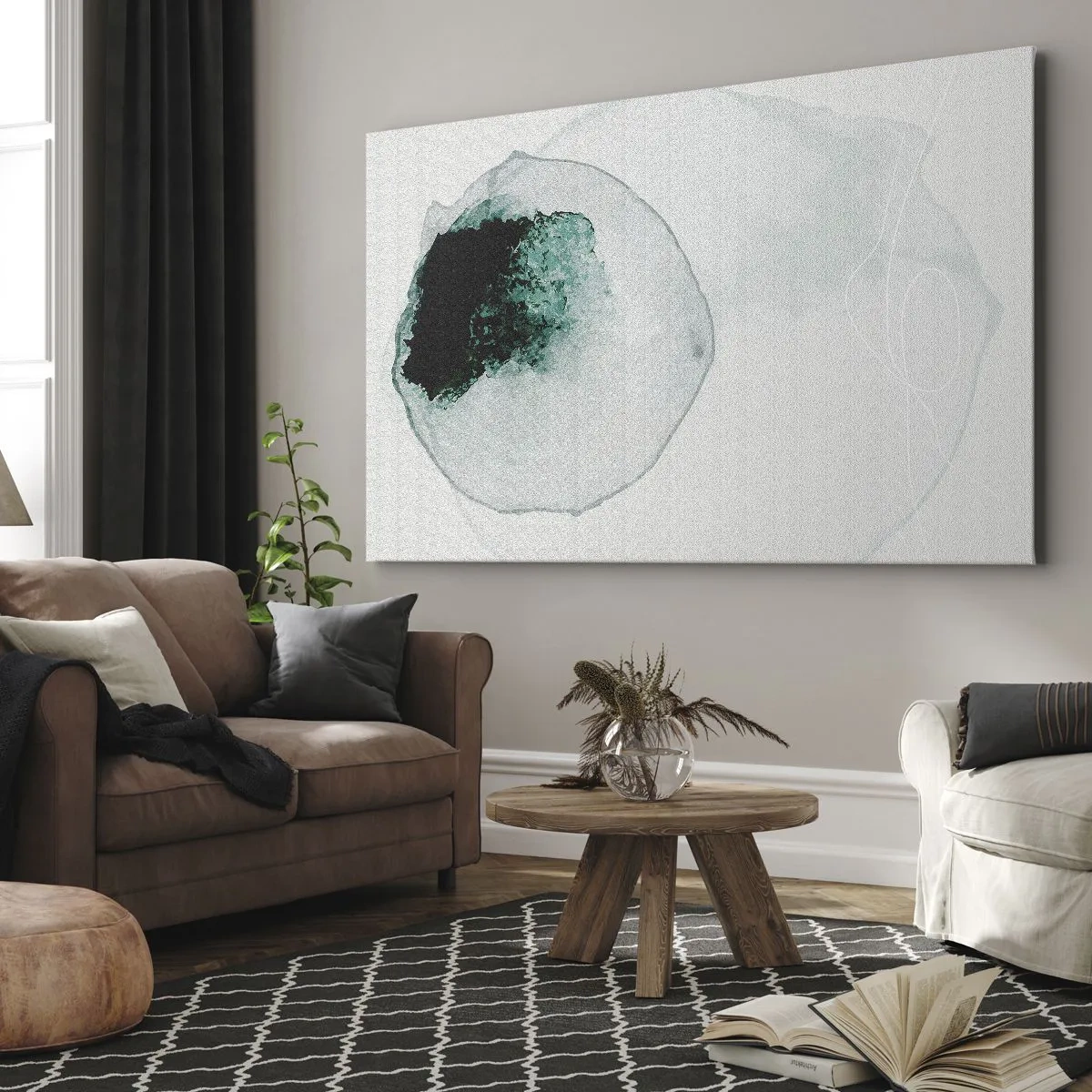 Impression sur toile - Image sur toile - Goutte d'eau abstraite avec des nuances de vert et de noir - 70x50cm - Dans une goutte d'eau - Décoration murale moderne pour le salon et la chambre ARTTOR