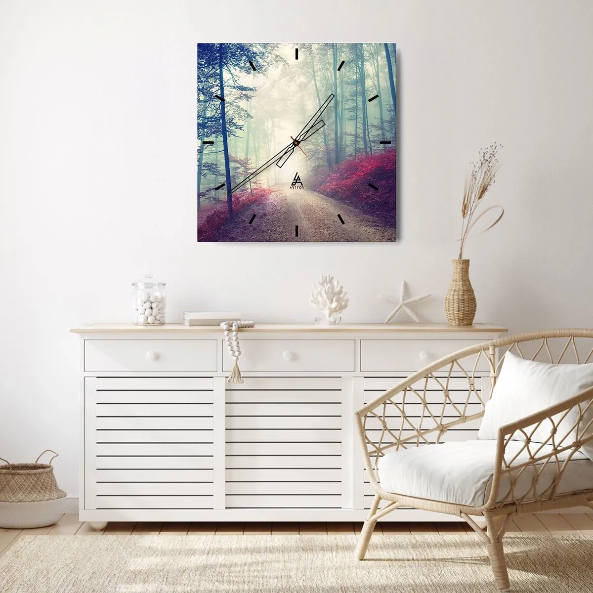 Horloge murale - Pendule murale - Un sentier forestier magique entouré d'arbres et de brouillard - 30x30cm - Comme c'est bon de se lever à l'aube - Décoration murale moderne pour le salon et la chambre ARTTOR