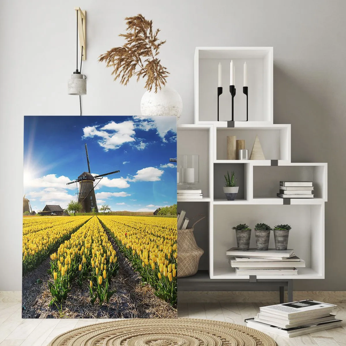 Impression sur verre - Image sur verre - Un champ de tulipes jaunes avec des moulins à vent à l'horizon - 80x120cm - Ça ne pourrait pas être plus hollandais - Décoration murale moderne pour le salon et la chambre ARTTOR