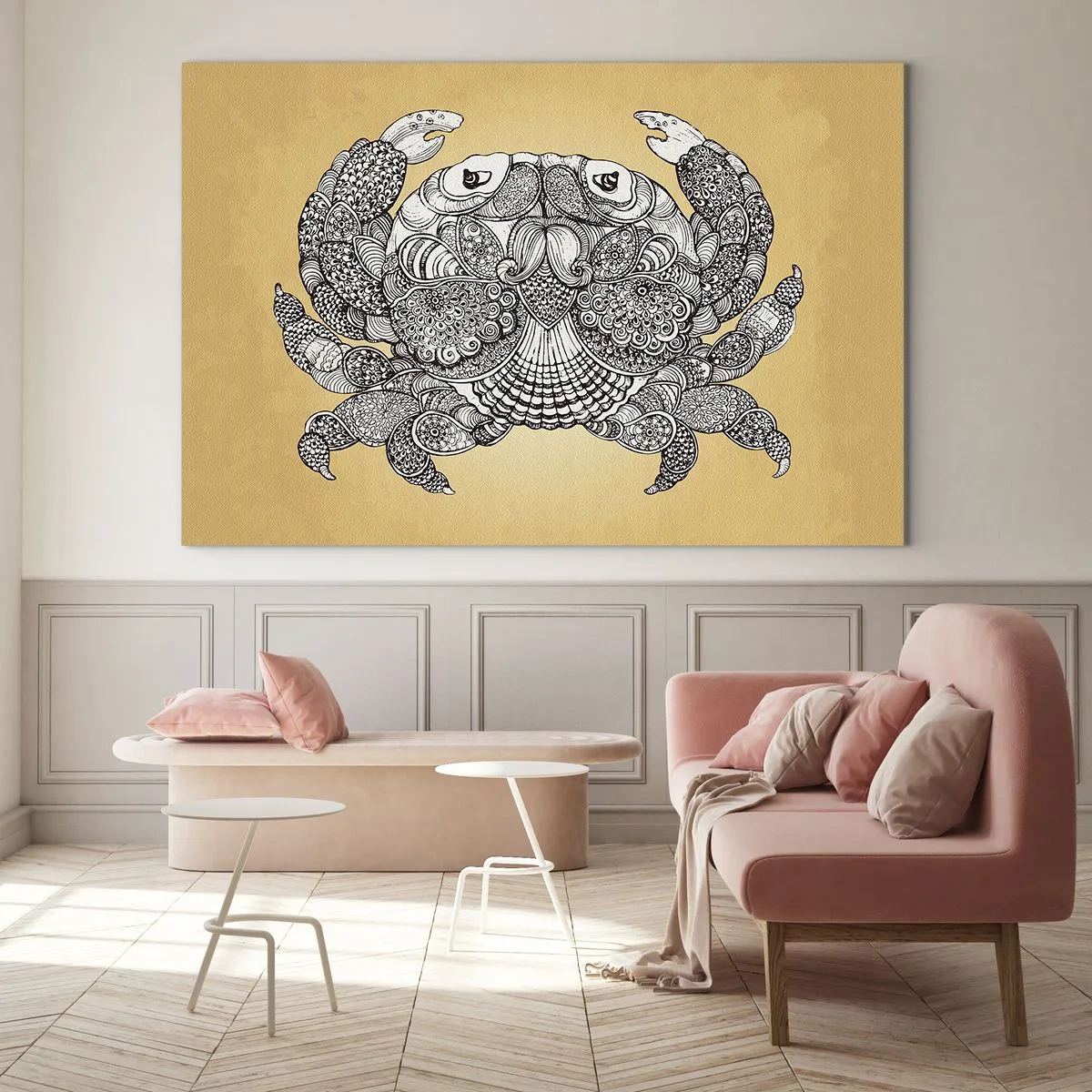 Impression sur verre - Image sur verre - Dessin stylisé d'un crabe avec des ornements sur fond jaune - 120x80cm - Les contes de M. Crabe - Décoration murale moderne pour le salon et la chambre ARTTOR