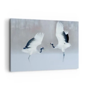 Impression sur toile - Image sur toile - Deux grues dansant dans un paysage brumeux - 100x70cm - Danse dans le brouillard - Décoration murale moderne pour le salon et la chambre ARTTOR