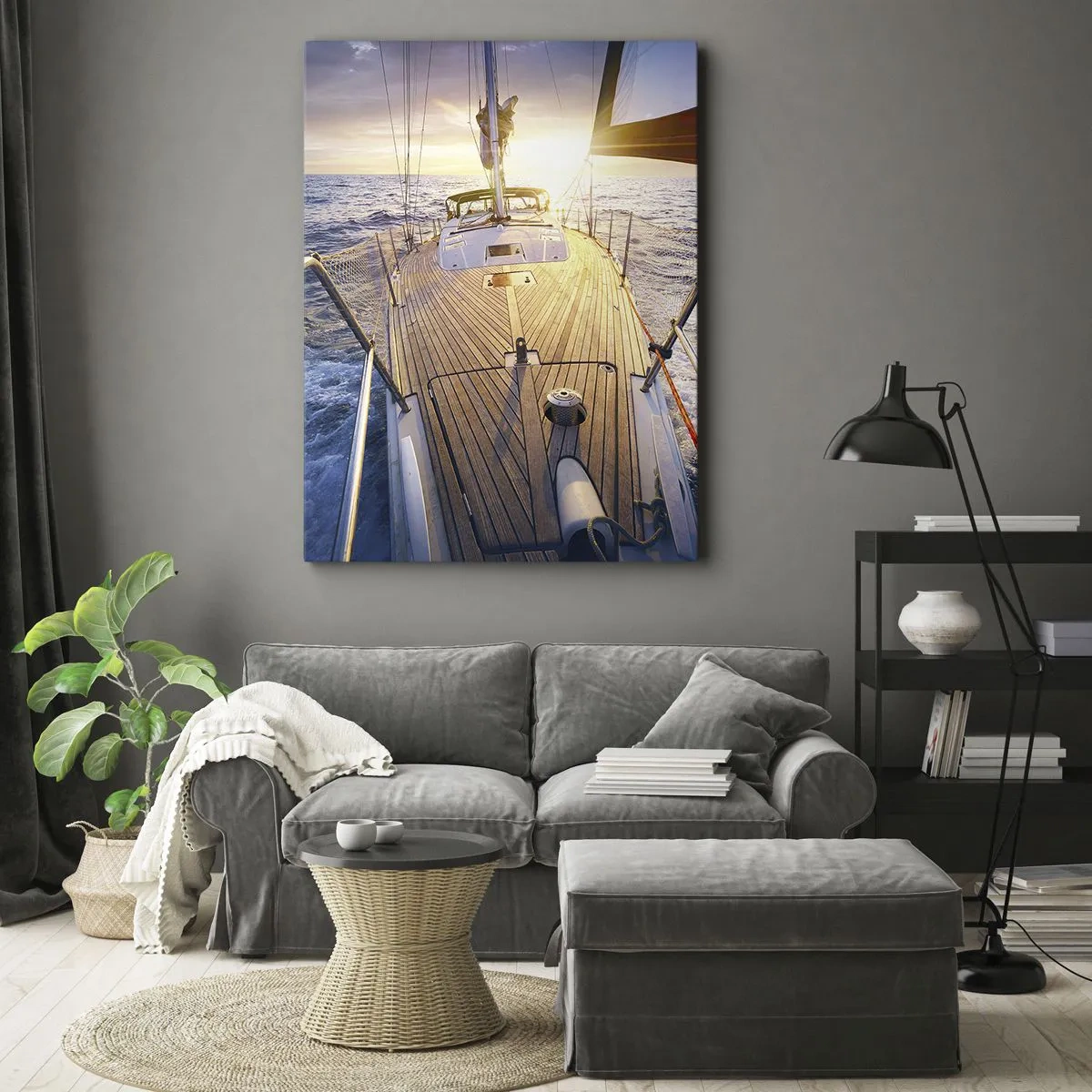 Impression sur toile - Image sur toile - Yacht en mer au coucher du soleil - 80x120cm - Courir sur les vagues - Décoration murale moderne pour le salon et la chambre ARTTOR